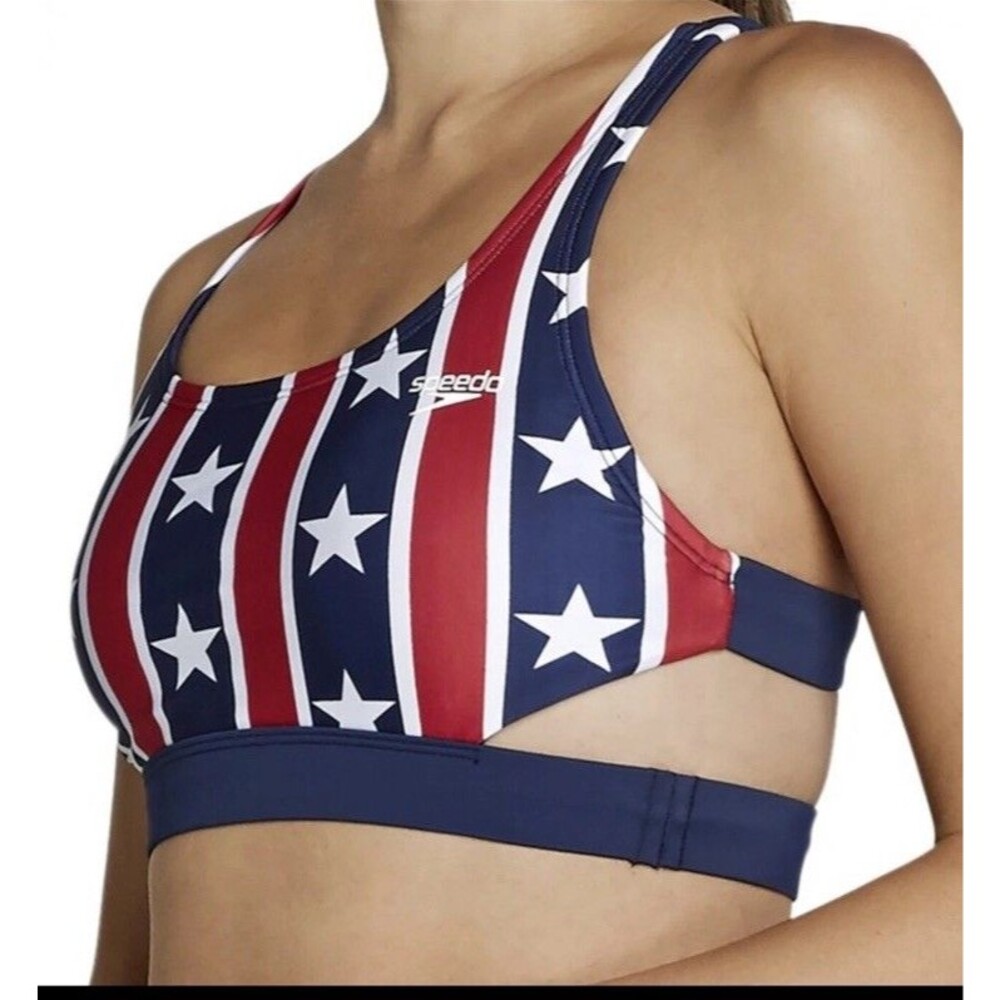 New SPEEDO Stars Stripes Navy Blue Red White Bikini Swim Top Womens Size XS NWT